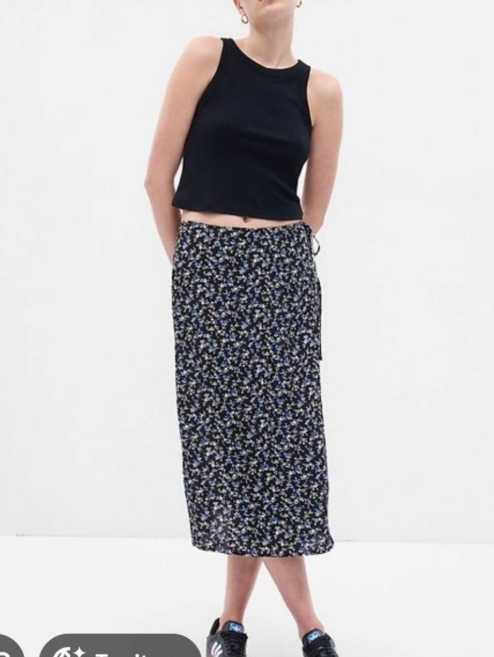 GAP Floral Midi Wrap Skirt w/ Side Tie, Black w/ Blue & Cream Print